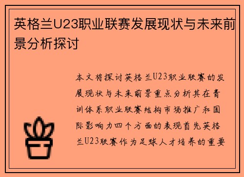 英格兰U23职业联赛发展现状与未来前景分析探讨